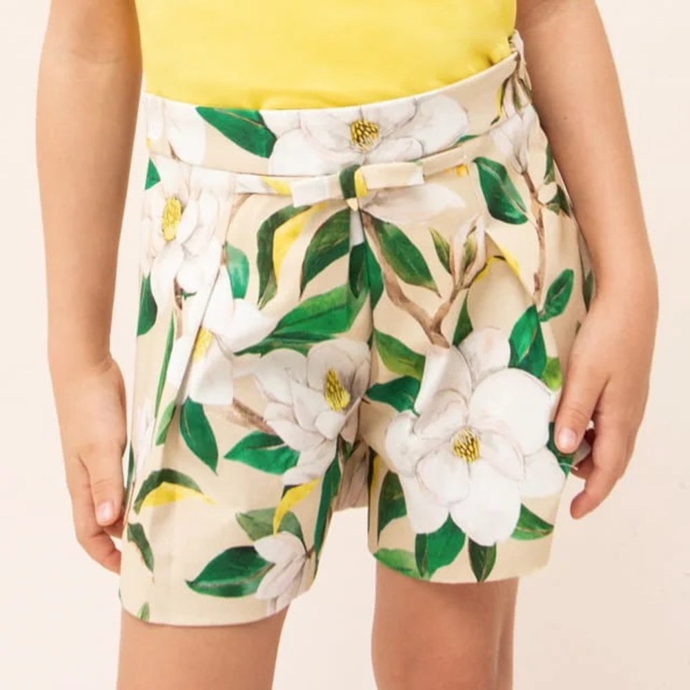 Size 4 Girls Mayoral Floral Print Kids Shorts in Green and Cream